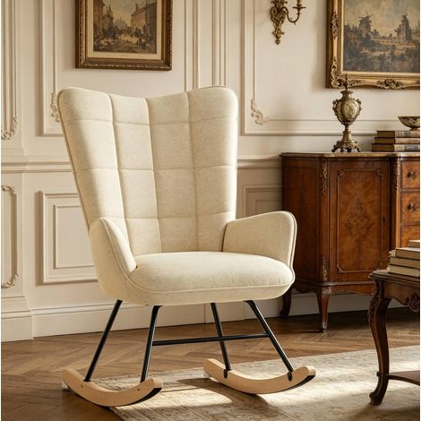 Schaukelstuhl 55x10x6 cm Beige aus Samt, Metall und Massivholz mit ergonomischer hoher Rückenlehne (1/4)