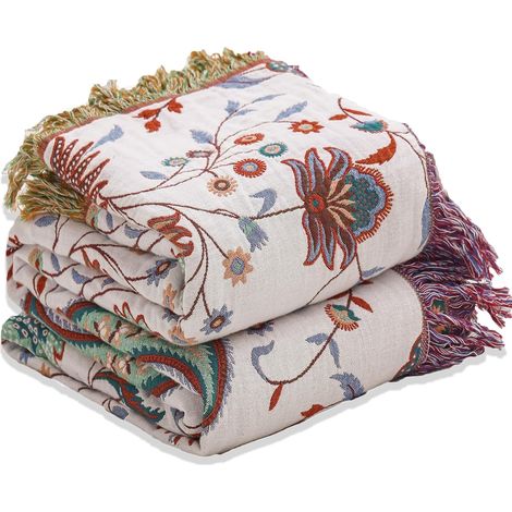 Plaid Canapé en Coton Vert Beige Floral Couverture Jeté Canapé Boho Réversible Couvre Lit Fauteuil Dessus Grande Taille Bohème, 150x200cm (1/5)