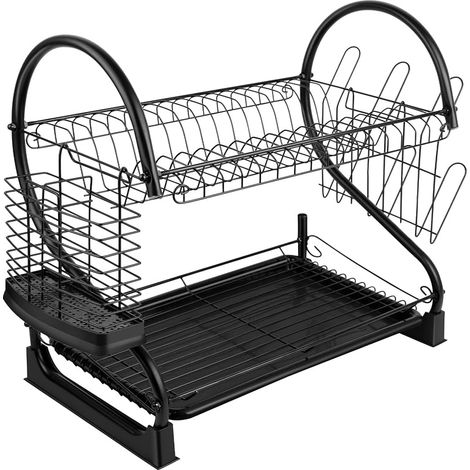 Égouttoir à vaisselle à 2 niveaux en acier inoxydable avec porte-ustensiles et plateau d'égouttoir, compact (1/5)
