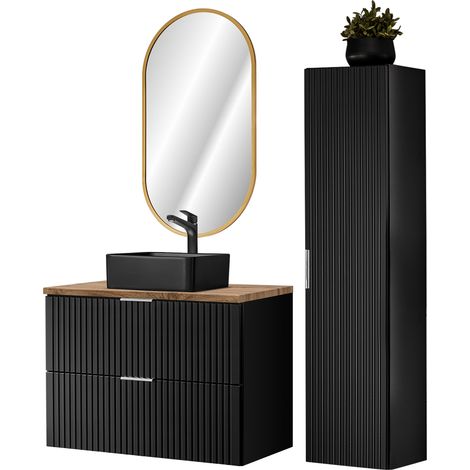 Badezimmer komplett Set, mit ovalem LED Spiegel, Keramik Waschbecken und Hochschrank, schwarz matt mit Eiche Nb., Front gerillt, ADELAIDE-56-BLACK, B/H/T ca. 130/200/46,5 cm (1/5)