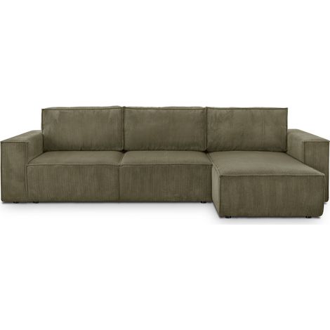 Homifab – Canapé d'angle convertible réversible 5 places en velours côtelé Oeko-Tex® vert kaki – Coffre de rangement intégré – Dimensions 300 x 101/154 x 84 cm (1/5)