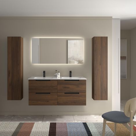 Mueble de Baño LENI 120cm Nogal 4 cajones Lavabo 2 pozas Porcelana (1/5)