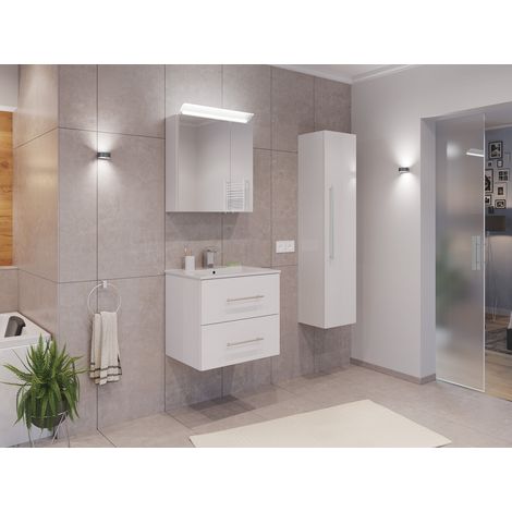 Badmöbel Set Firenze 60 3tlg. Spiegelschrank und Hochschrank weiß hochglanz