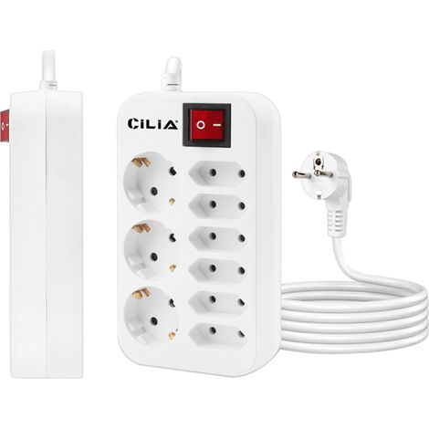 Bloc 9 Prises Gain de Place - Multiprise 3680W / 16A avec 6 Prises Euro pour Chargeurs, Câble 1.5m et Sécurité Enfant - Design Compact Professionnel - CILIA