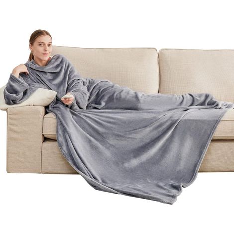 Damen-Tagesdecke mit Ärmeln – Herren-Fleecedecke mit Taschen, Winter-TV-Decke, 150 x 180 cm, Grau, Tagesdecke (1/5)