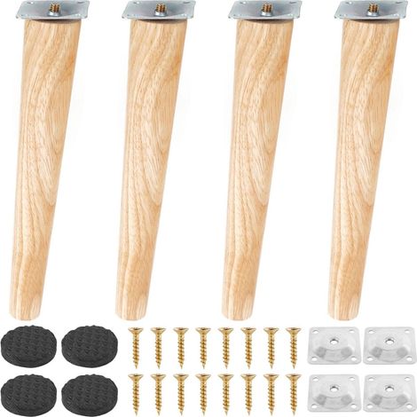 4pcs Pieds de Meuble en Bois, 25cm Pieds de Meuble Inclinés avec Plaque de Montage Vis et Tapis antidérapant, Pieds de Meuble Bois de Rechange pour Lit,Armoire,Tables et Chaises(25cm,pieds inclinés) (1/5)