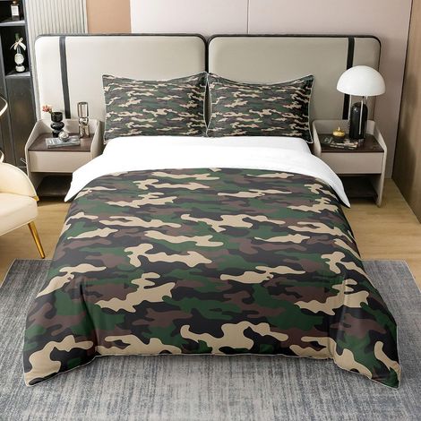 Vert Brun Camouflage 100% Coton Housse de Couette 140x200cm Camouflage Parure de Lit Enfants garçons Filles Style Militaire Literie Set Ensemble de Literie - 140 x 200 cm + 1 taie d'oreiller 65 x 65 c (1/5)