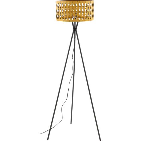 Tulpenförmige Stehlampe aus honigfarbenem Sperrholz mit schwarzem Metallfuß (1/4)