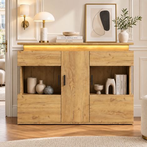 Buffet 120 cm avec LED 16 couleurs, prise secteur, USB et Type-C, portes vitrées et rangements, meuble effet chêne clair (1/5)