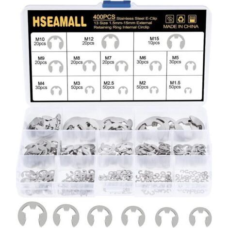 BUNTHAUS Kit de 400 circlips en acier inoxydable de 13 tailles différentes (1,5/2/2,5/3/4/5/6/7/8/9/10/12/15 mm) avec boîte en plastique. (1/5)