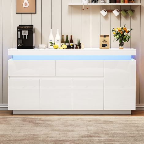 Buffet de salon 140x35x72.5 cm blanc en panneaux de particules avec LED, 2 tiroirs et 4 portes (1/5)