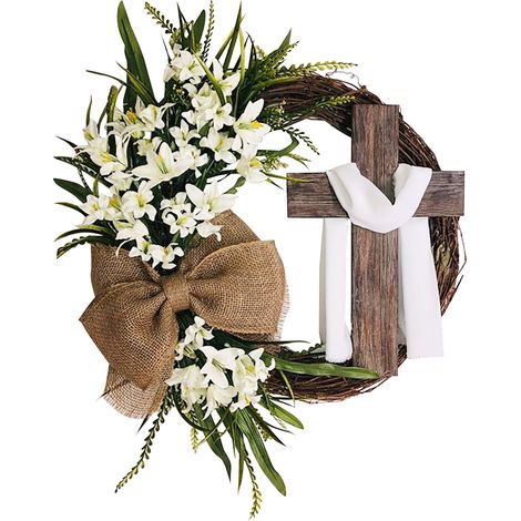 Wreath - Cross - Artificial Green Plants - Rustic Wood Frame - Cream Lilies - Indoor Outdoor Door Decoration - 58 x 38 cm - 1 Piece (1/5)
