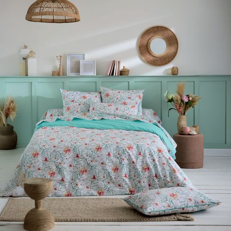 Parure de lit 3 pièces coton floral exotique housse + taies Bleu 260x240 cm