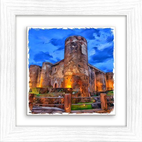Lupia - Quadro moderno con paesaggi e localismi italiani, Ceramica e Stampa Rilievo, Cornice Legno Shabby Modern bianca, Decorazione Parete, Quadretti Soggiorno, 29x29 cm, CATANIA CASTELLO URSINO (1/4)