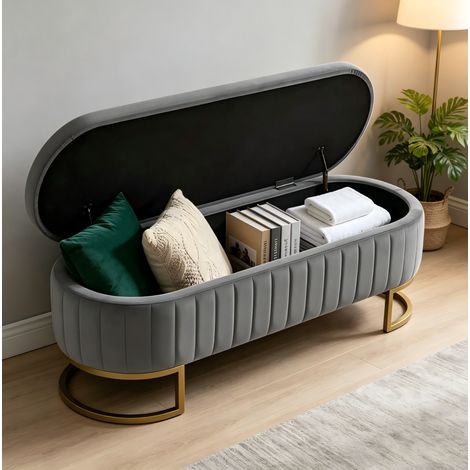 Panca contenitore in velluto 130 cm, grigia, piedini metallici dorati DESVIAE (1/5)