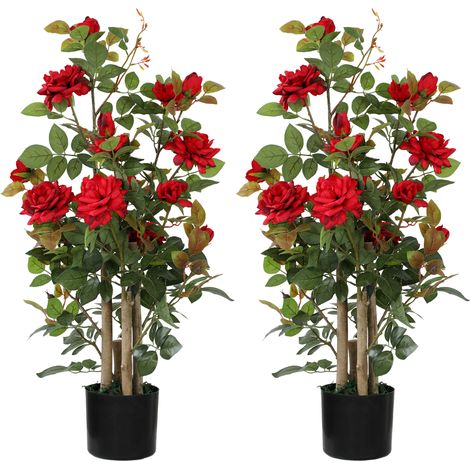 HOMCOM Artificial Rose Tree Set of 2 with 344 Silk Leaves & 17 Flowers, Red