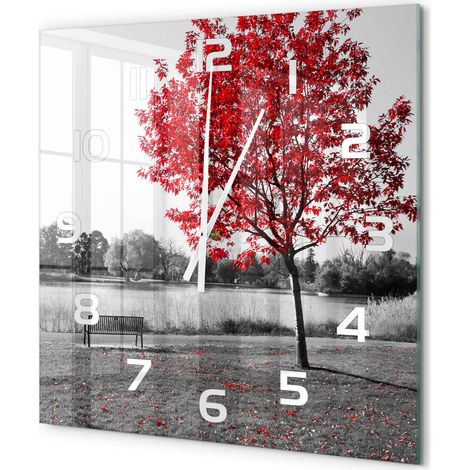 Grande Horloge Murale Carrée Originale Verre Trempé Décoration Maison Moderne Arbre rouge 60x60 cm (1/5)