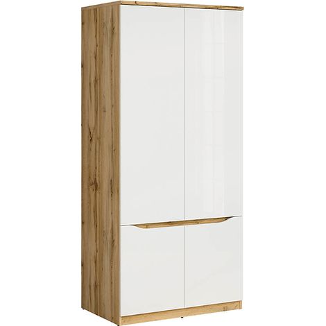 Armoire Placard meuble de rangement à 4 portes,coloris Chêne wotan/Blanc brillant - Longueur 90 x Profondeur 58 x Hauteur 197,5 cm (1/5)