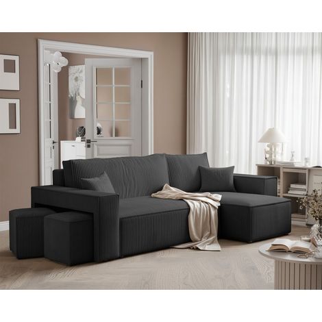 Ecksofa Schlafsofa Sofa ADARA inkl. Hocker Stoff Poso Schwarz Ottomane Rechts