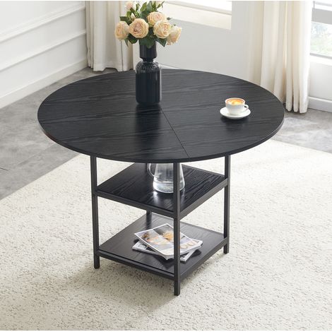 Tavolo da pranzo rotondo 107 cm nero in MDF e metallo con doppio ripiano, bordi arrotondati e stile industriale (1/5)