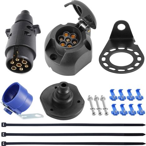 Prise Remorque 7 Broches 12V Étanche Pour Voiture, Caravane RV, Avec Kit Support de Montage et Joint Arrière (SK0703D) (1/5)