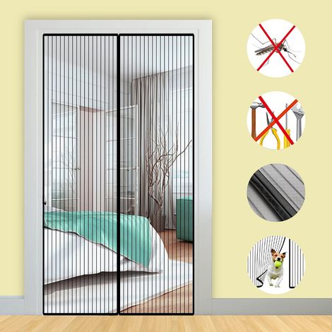 90x220cm Self Closing, Super Dense Fine Mesh Fly Curtain, Tool-Free Installation with Adhesive Strip for Balcony Living Room Door, Black (1/5)