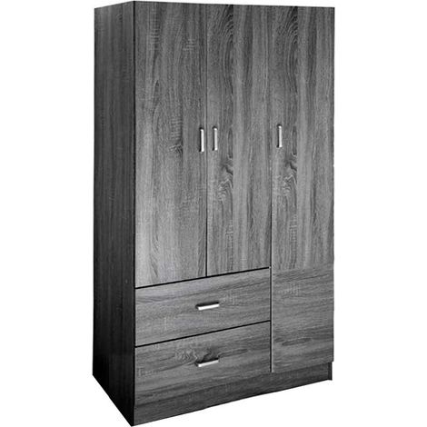 Argonauta – Armoire de chambre grise 3 portes – 2 tiroirs – Bois mélaminé – Dimensions 90 x 42 x 180 cm – Livrée en kit à assembler (1/2)