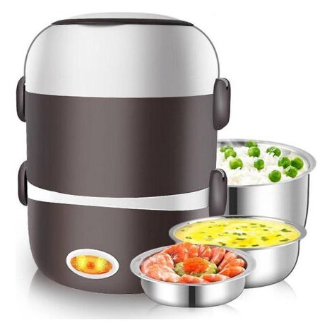 Boîte à lunch électrique chauffante à trois compartiments en acier inoxydable pour riz, idéale pour les employés de bureau. (1/5)