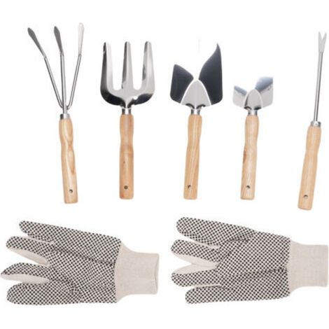Garden tools: shovel, trowel, weed puller, hand fork, rake, wooden and stainless steel handle, canvas gloves included for growing vegetables and flowers. (1/5)
