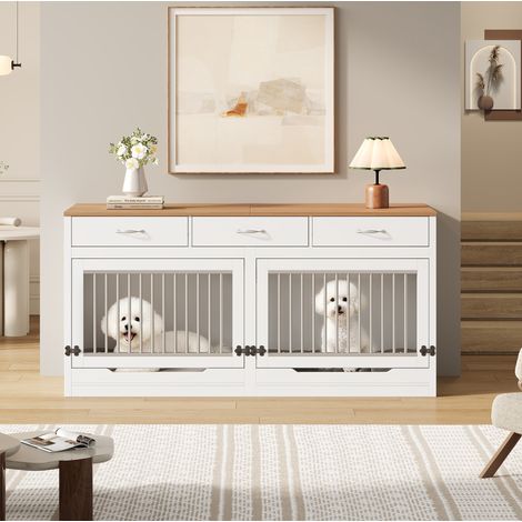 Gabbia per 2 cani in legno e metallo con 3 cassetti 164x60x81 cm bianco e legno (1/5)