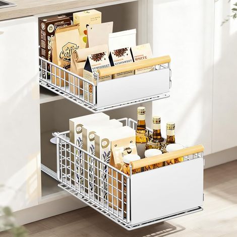 Telescopic Drawer Set for Kitchen, Drawer System with Full Slide, No Drilling, Up to 25kg, Drawer Organizer for Deep Cupboards, White, 39.5x23.5x19/11 (1/5)