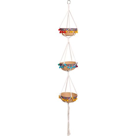Suspension artisanale en fibres naturelles marron et motifs colorés - marron naturel et motifs colorés (1/5)