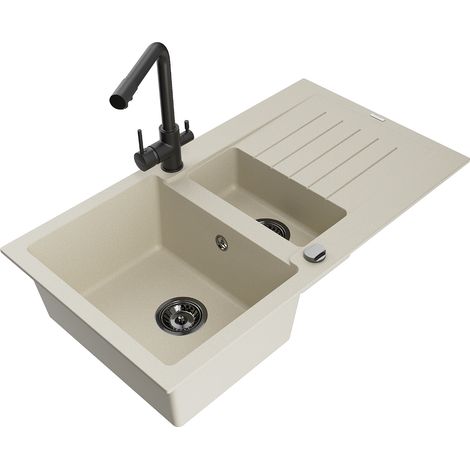 Mexen Matias évier en granit 1,5 bac avec égouttoir et robinet de cuisine Duero, beige - 6502-69-671600-70 (1/5)