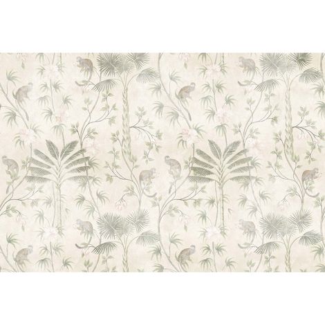 Papier peint panoramique jungle beige pour chambre Tapisserie panoramique à motif singes et arbres Papier peint panoramique nature tendance (1/2)