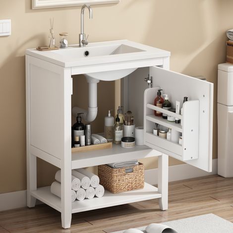 Meuble sous vasque avec étagère intérieure, pose au sol, en MDF et céramique, blanc, pour salle de bain (1/5)