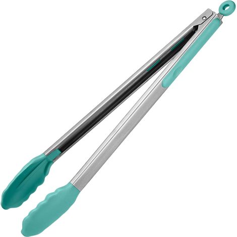 Pince de cuisine en silicone résistant à la chaleur jusqu'à 315°C, 16 pouces, avec embouts en caoutchouc antiadhésif hermétiquement scellés et manche en acier revêtu de silicone pour le service (bleu (1/5)