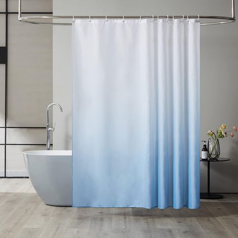 Cortina de ducha antimoho, tejido lavable a máquina, impermeable, con 12 ganchos, 180 x 180 cm, degradado azul claro. (1/5)