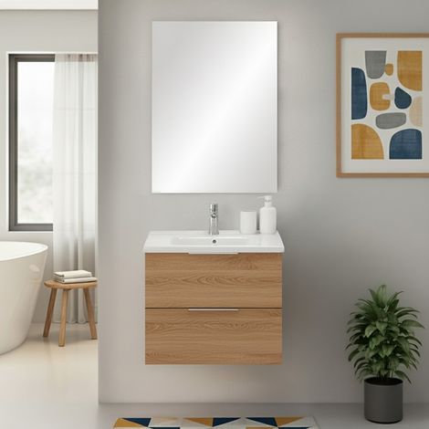 Mobile bagno sospeso 60cm rovere con cassetti lavabo e specchio Elva (1/5)