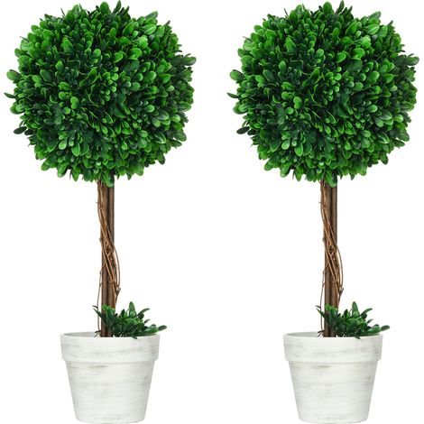 Set de 2 bojes artificiales de 60 cm resistentes a los rayos UV con maceta blanca (1/5)