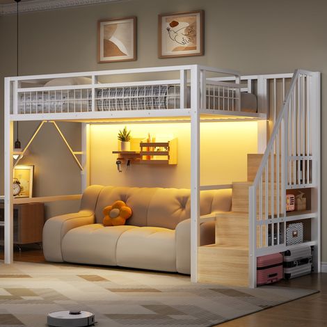 Lit mezzanine 90x200 cm métal blanc avec led, rangements escalier et espace modulable, sans matelas (1/5)