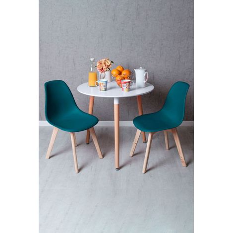 Descuento extra - Conjunto Mesa Tower Redonda 80 cm Blanca y Pack 2 Sillas Kelen - Verde azulado