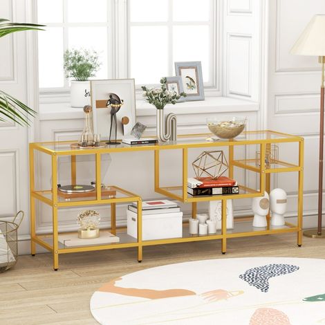 Meuble TV pour Téléviseurs Jusqu'à 65 Pouces Table Console avec un Grand Plateau et 4 Etagères en Verre Trempé Doré (1/2)