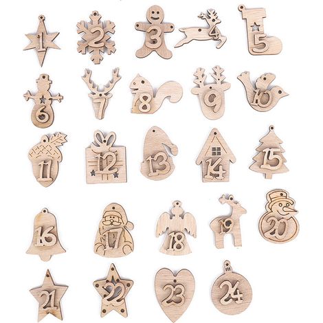 Hanger Adventskalender - Bois Naturel - 24 Chiffres - Cadeaux de Noël DIY - Décoration Arbre et Fenêtre - 3 x 4 cm - 24 Pièces (1/5)