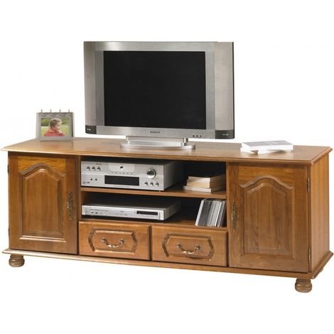 Beaux Meubles Pas Chers – Meuble TV chêne massif 70 pouces – 2 portes – 2 tiroirs – 6 niches – Dimensions L 158.8 H 60.3 P 46 cm – Fabriqué en France (1/4)