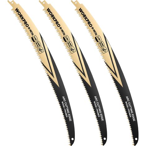 WORKPRO 3 Lames de Scie Sabre Bi-Métal 38 cm à Bord Courbé, 6 TPI, Denture Japonaise Triple Affûtage, Durée de Vie jusqu’à 10 Fois Supérieure, Emmanchement Universel pour Élagage et Taille des Arbres (1/3)
