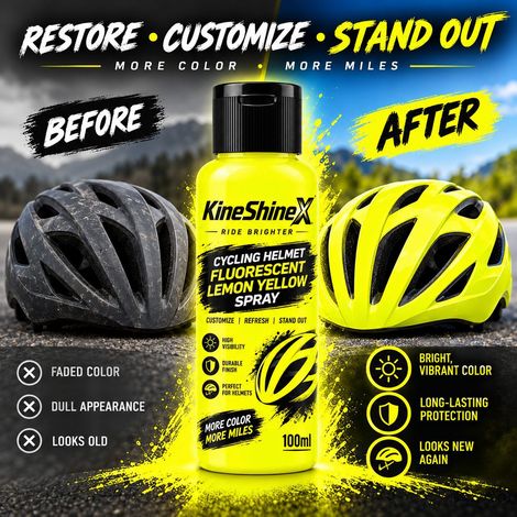 KineShineX Fahrradhelm-Farbauffrischspray in fluoreszierendem Zitronengelb, hochwertiges Spray zur Farbänderung und Auffrischung von Fahrradhelmen (1/4)