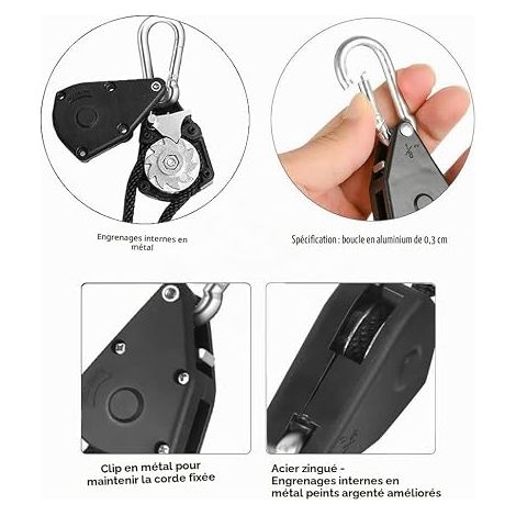 Ratchets with Carabiner 2M Rope Adjustable Rope 75kg Load for Plant Lamp, Grow Tent, Reflector, Fan, Aquarium, Camping and Workshop (1/4)