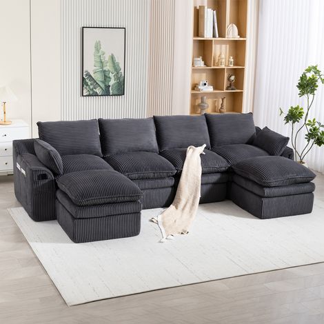 Canapé modular 4 plazas en pana gris oscuro 335x167x85 cm con 2 pufs y bolsillos laterales