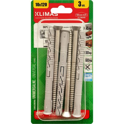 Chevilles De Cadre Klimas 10 x 120, Tete Fraisee Torx, Blister De 3