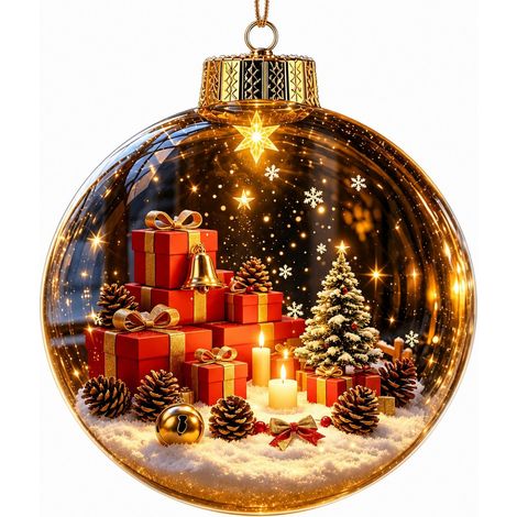 Boule à neige lumineuse en acrylique transparent, ornement de Noël 3D à suspendre au sapin, représentant le Père Noël et son traîneau de rennes. (1/5)